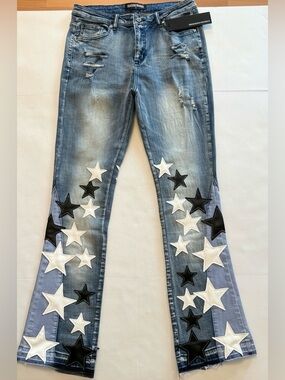 Rockstar Original Star Patch Jeans Womens L Flare Distressed Stretch Denim Y2K